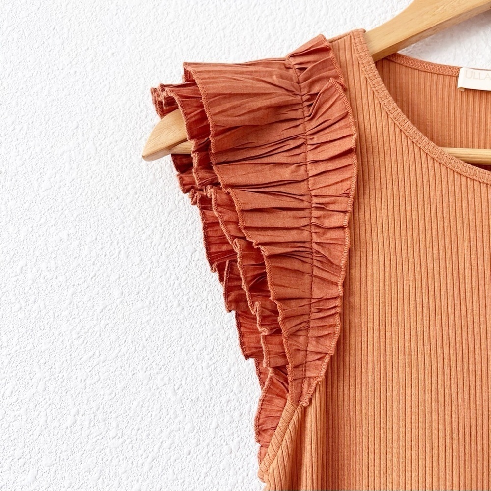 Ulla Johnson Lilo Ruffle Shoulder Chestnut Brown Ribbed Knit Top - Picture 5 of 10